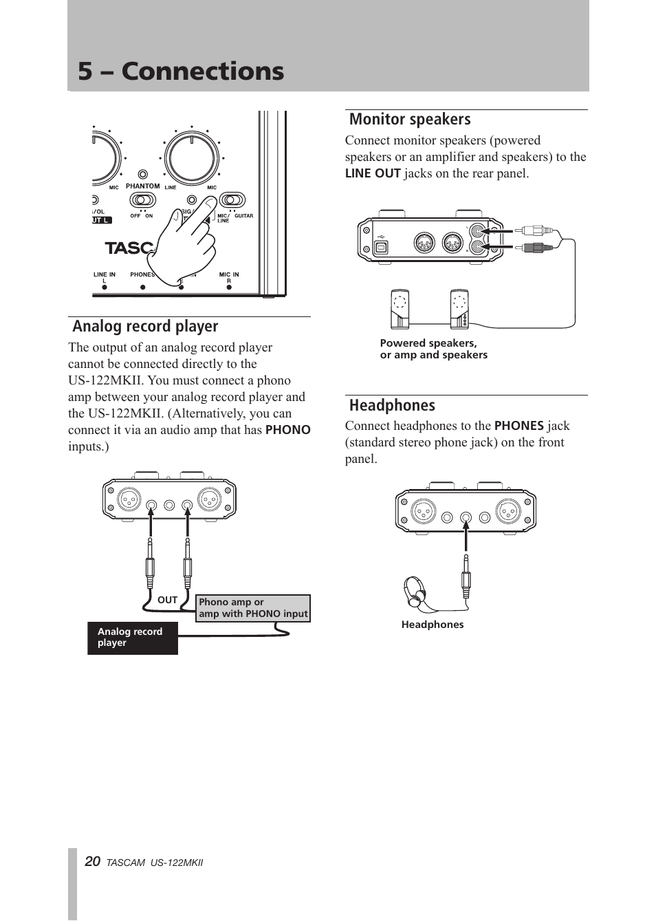 Analog record player, Monitor speakers, Headphones | Analog record player monitor speakers headphones, 5 – connections | Tascam US-122MKII User Manual | Page 20 / 32