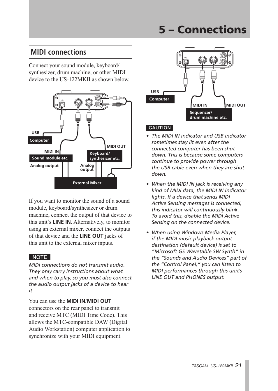 Midi connections, 5 – connections | Tascam US-122MKII User Manual | Page 21 / 32