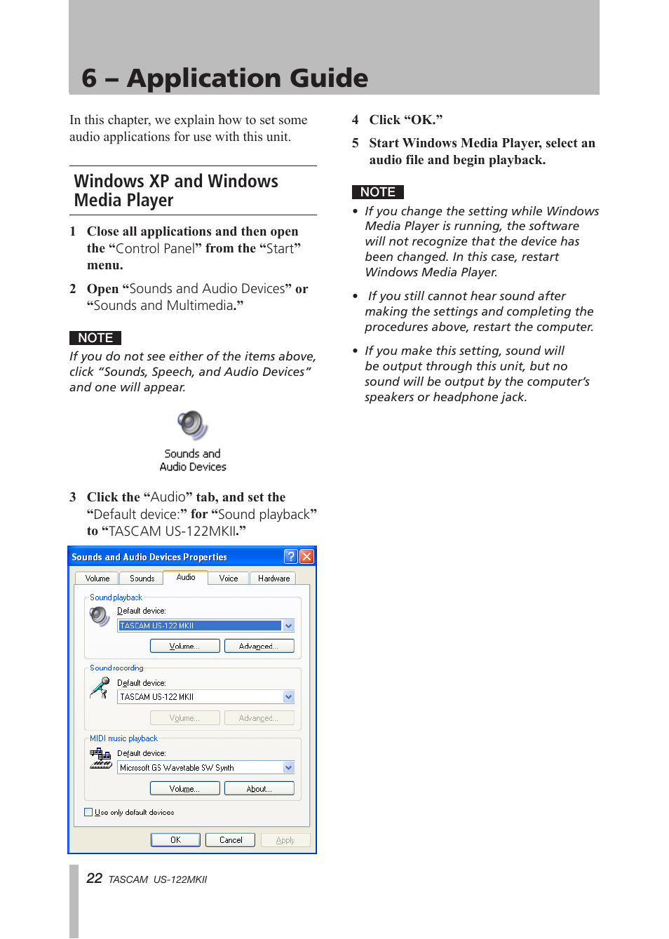 6 – application guide, Windows xp and windows media player | Tascam US-122MKII User Manual | Page 22 / 32