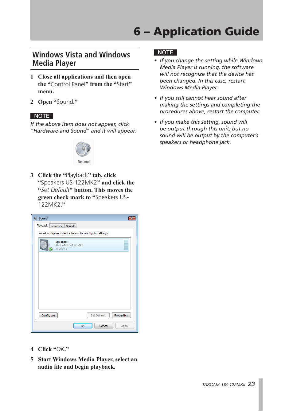 Windows vista and windows media player, 6 – application guide | Tascam US-122MKII User Manual | Page 23 / 32