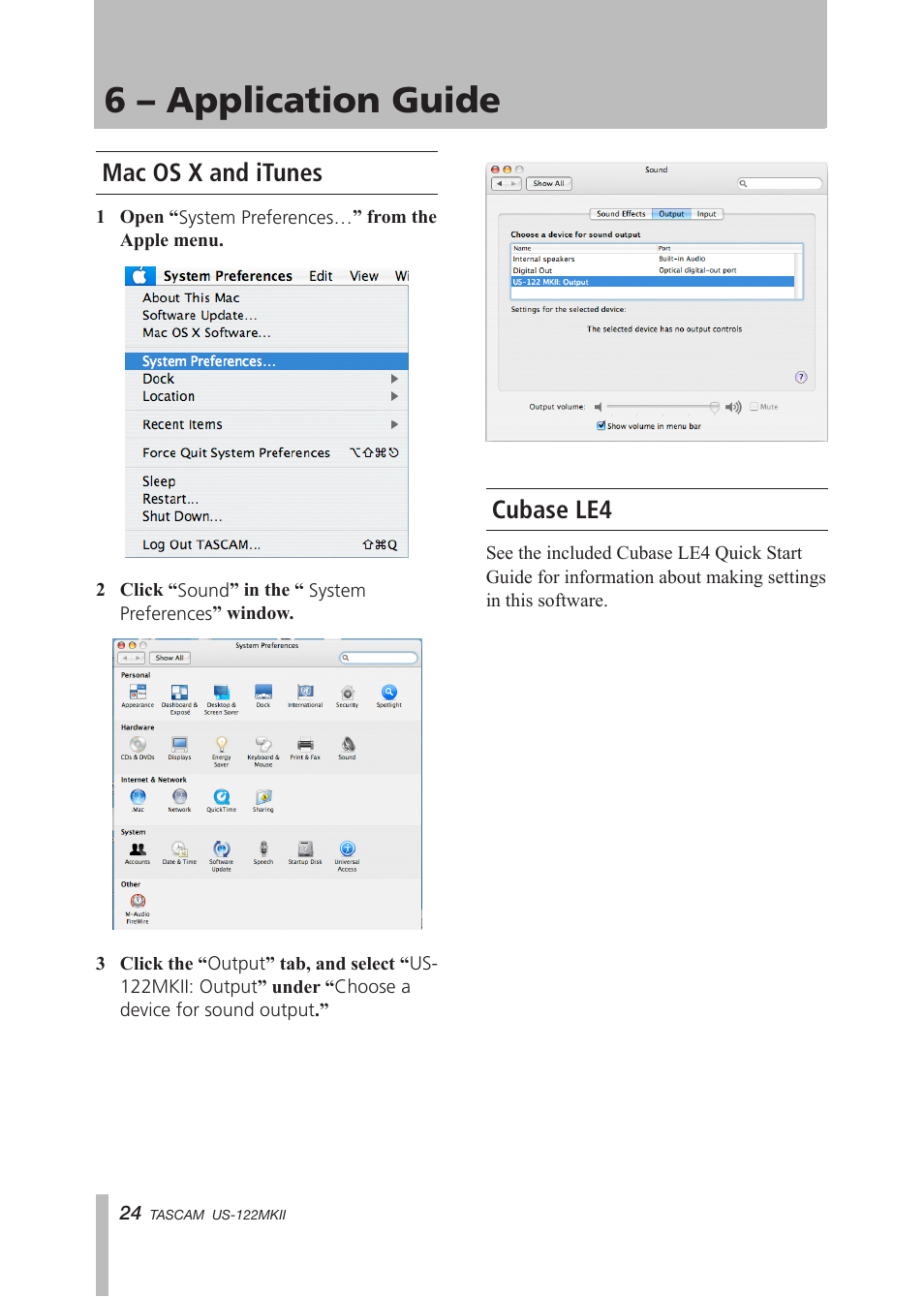 Mac os x and itunes, Cubase le4, Mac os x and itunes cubase le4 | 6 – application guide | Tascam US-122MKII User Manual | Page 24 / 32