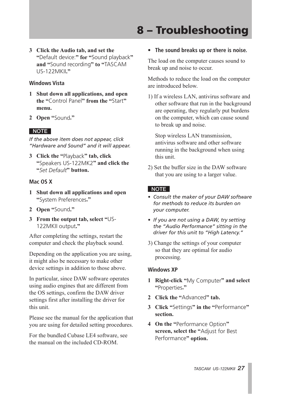 8 – troubleshooting | Tascam US-122MKII User Manual | Page 27 / 32