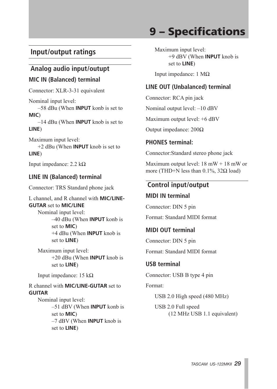 9 – specifications, Input/output ratings, Analog audio input/outupt | Control input/output, Analog audio input/outupt control input/output | Tascam US-122MKII User Manual | Page 29 / 32