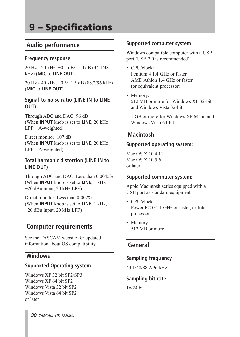 Audio performance, Computer requirements, Windows | Macintosh, General, Audio performance computer requirements, Windows macintosh, 9 – specifications | Tascam US-122MKII User Manual | Page 30 / 32