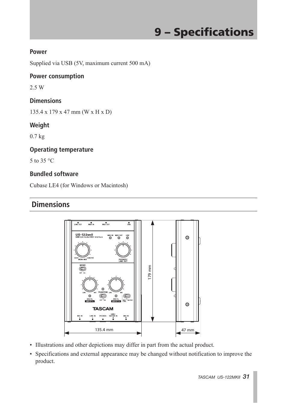 Dimensions, 9 – specifications | Tascam US-122MKII User Manual | Page 31 / 32