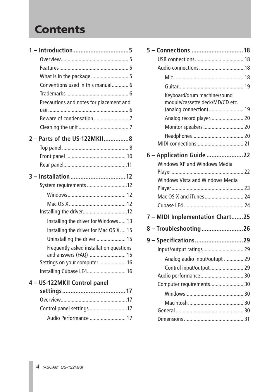 Important safety precautions contents | Tascam US-122MKII User Manual | Page 4 / 32