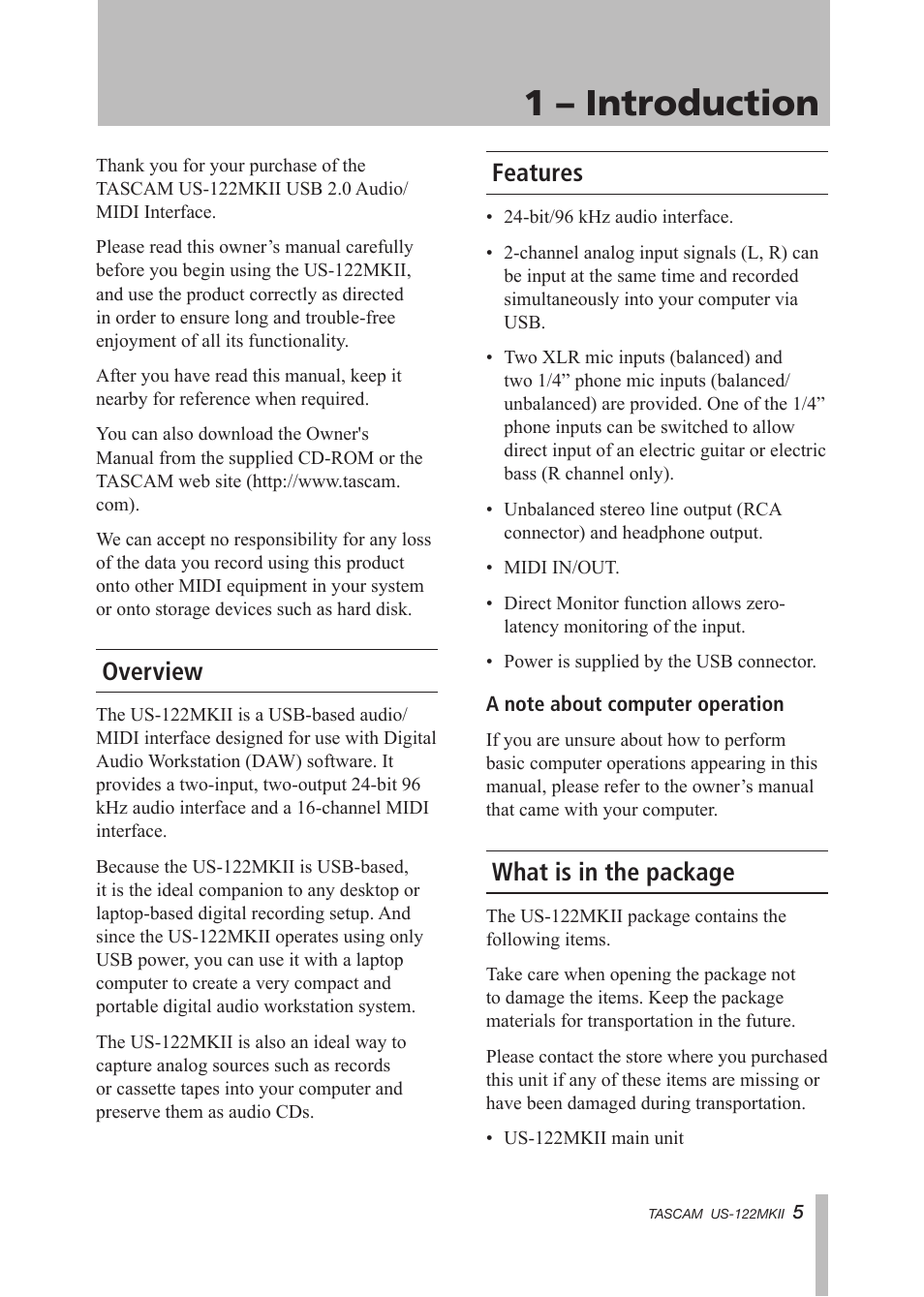 1 – introduction, Overview, Features | What is in the package, Overview features what is in the package | Tascam US-122MKII User Manual | Page 5 / 32