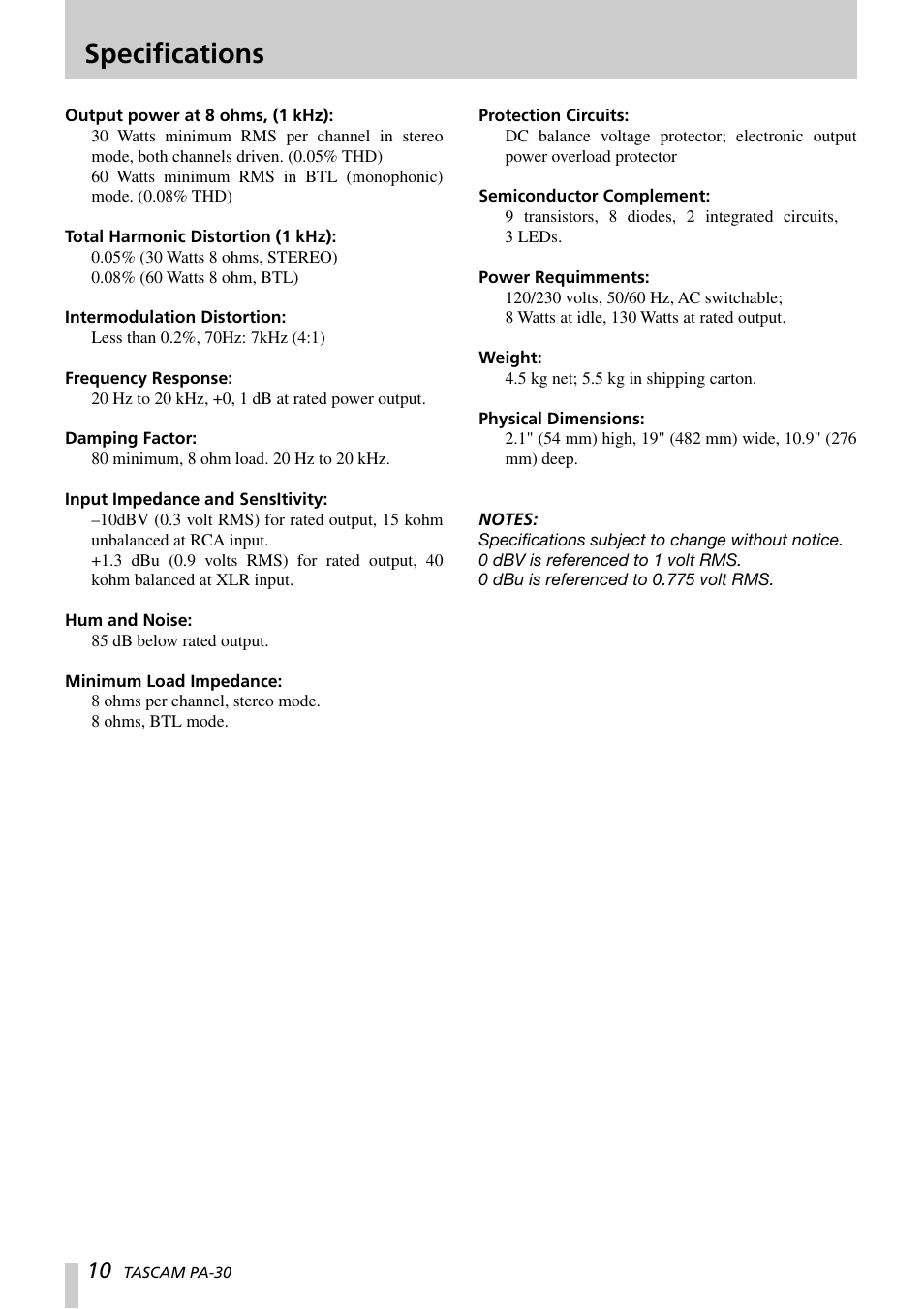 Specifications | Tascam PA-30 User Manual | Page 10 / 12