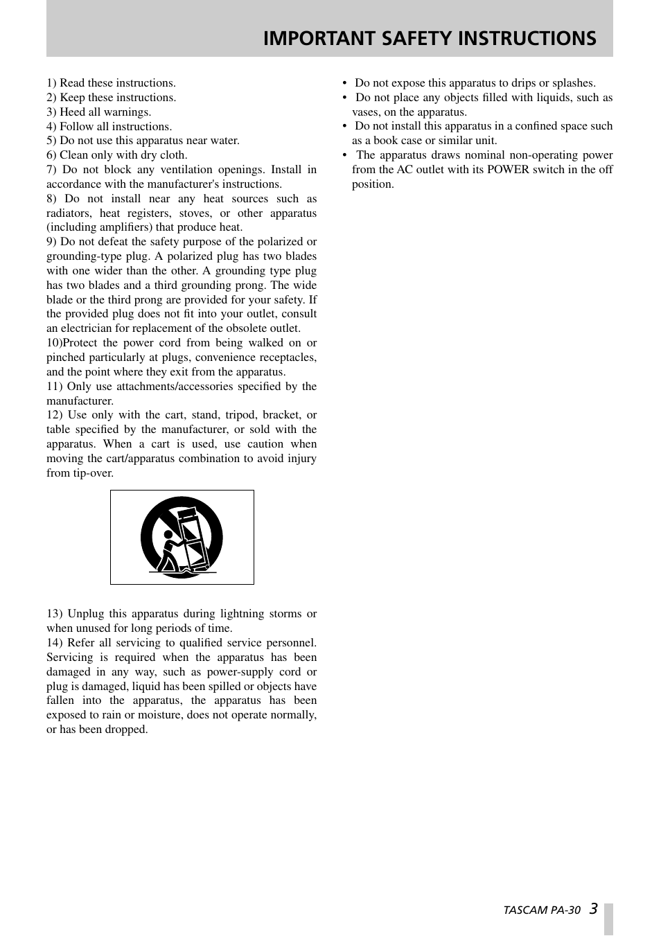 Important safety instructions | Tascam PA-30 User Manual | Page 3 / 12