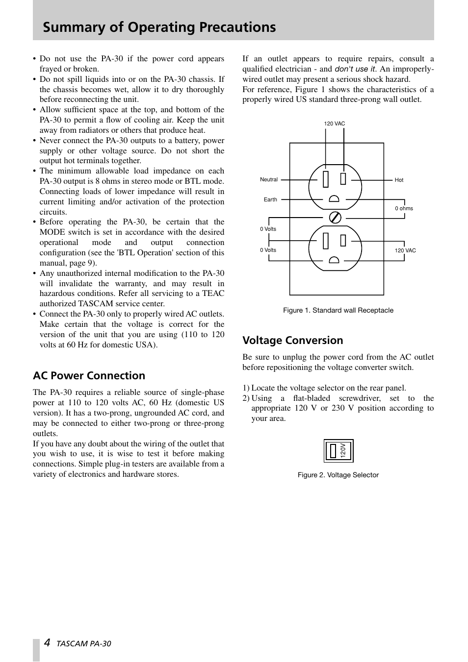 Summary of operating precautions, Ac power connection, Voltage conversion | Tascam PA-30 User Manual | Page 4 / 12