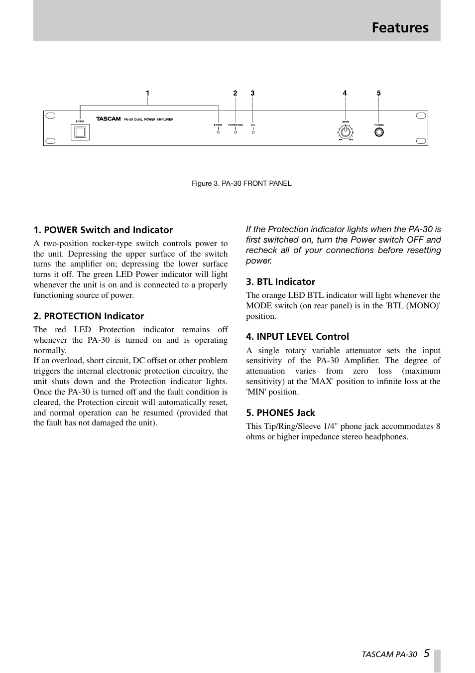 Features | Tascam PA-30 User Manual | Page 5 / 12