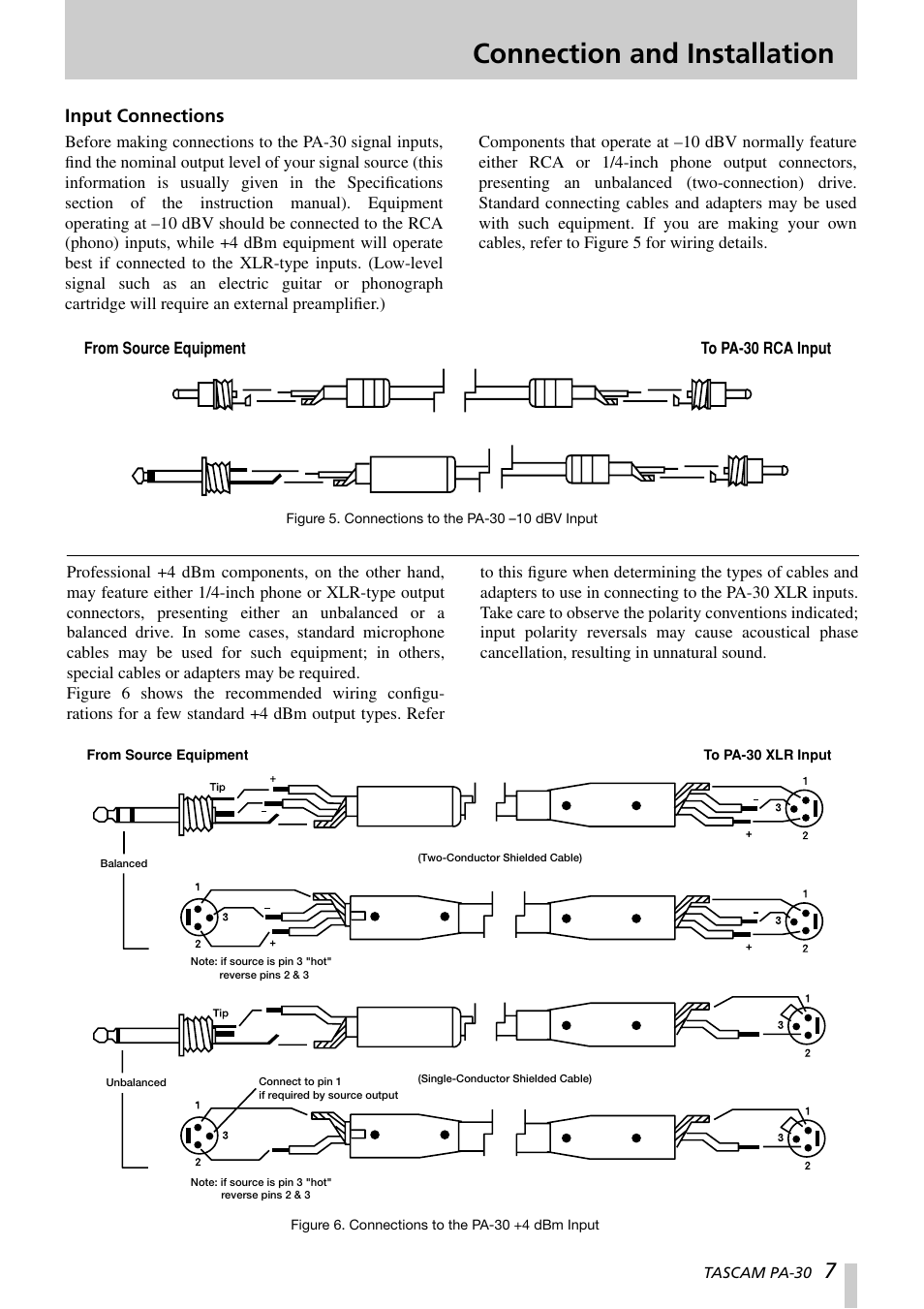 Connection and installation, Input connections | Tascam PA-30 User Manual | Page 7 / 12