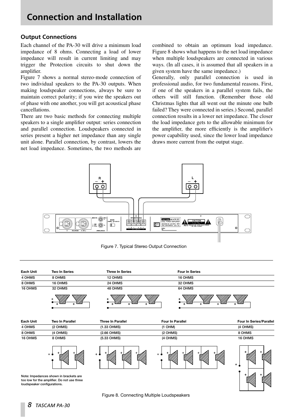 Connection and installation, Output connections, Tascam pa-30 | Tascam PA-30 User Manual | Page 8 / 12