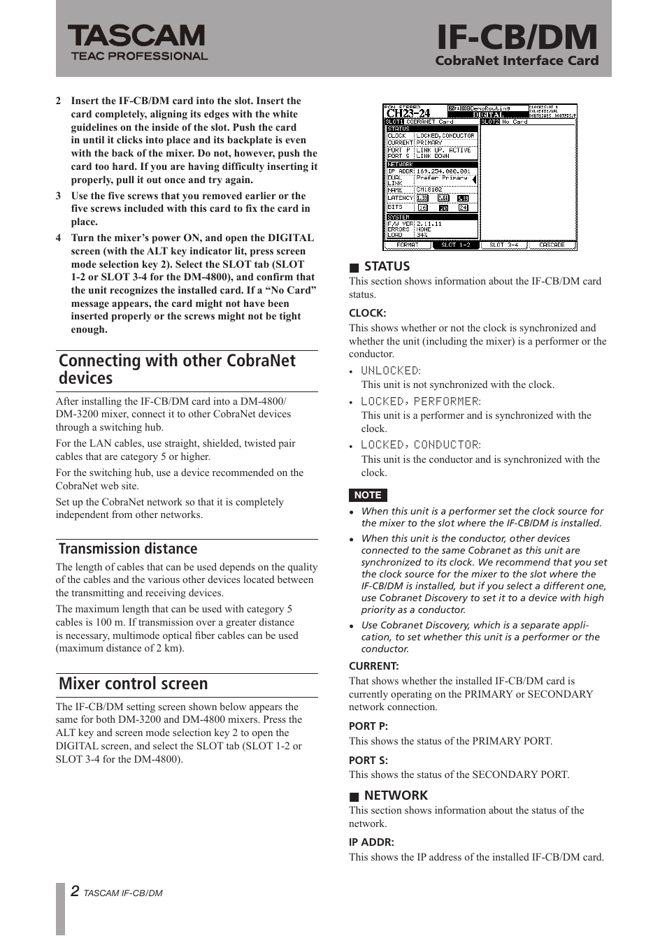 If-cb/dm, Connecting with other cobranet devices, Mixer control screen | Transmission distance | Tascam IF-CB User Manual | Page 2 / 4