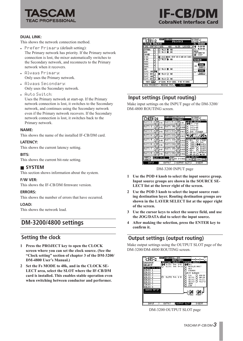 If-cb/dm, Setting the clock, Input settings (input routing) | Output settings (output routing) | Tascam IF-CB User Manual | Page 3 / 4