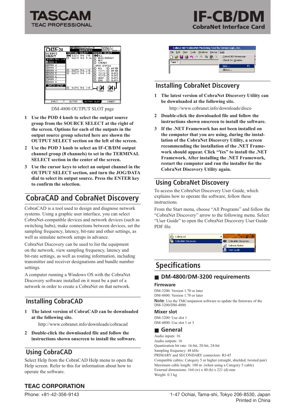 If-cb/dm, Cobracad and cobranet discovery, Specifications | Installing cobracad, Using cobracad, Installing cobranet discovery, Using cobranet discovery | Tascam IF-CB User Manual | Page 4 / 4