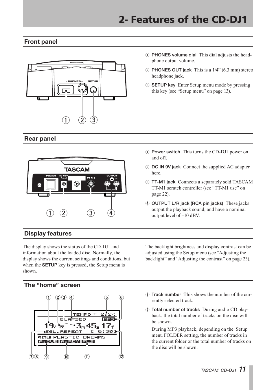 Front panel, Rear panel, Display features | The “home” screen, Display, Important safety instructions, Features of the cd-dj1 | Tascam CD-DJ1 User Manual | Page 11 / 28