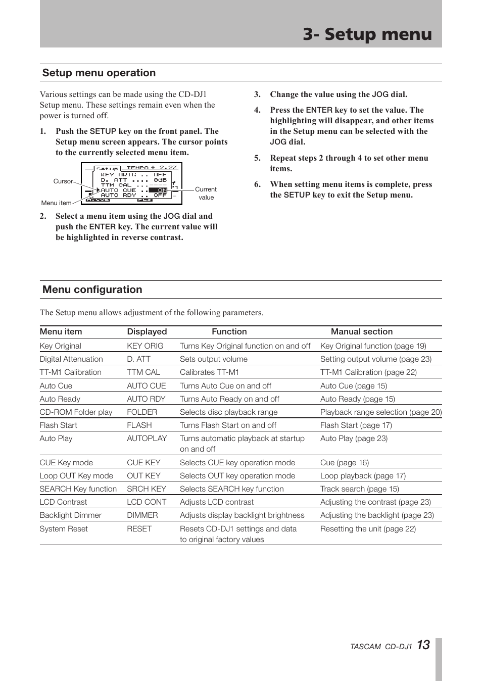 Setup menu, Setup menu operation, Menu configuration | Important safety instructions | Tascam CD-DJ1 User Manual | Page 13 / 28