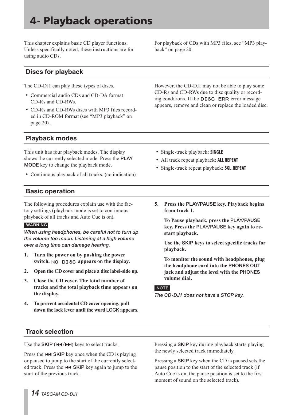 Playback operations, Discs for playback, Playback modes | Basic operation, Track selection | Tascam CD-DJ1 User Manual | Page 14 / 28