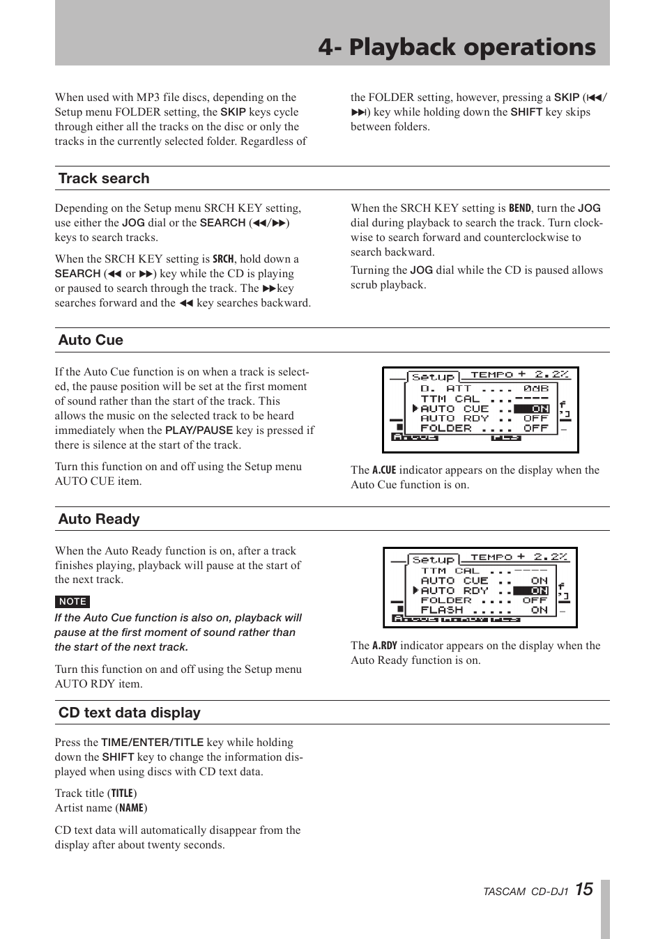 Track search, Auto cue, Auto ready | Cd text data display, Playback operations | Tascam CD-DJ1 User Manual | Page 15 / 28