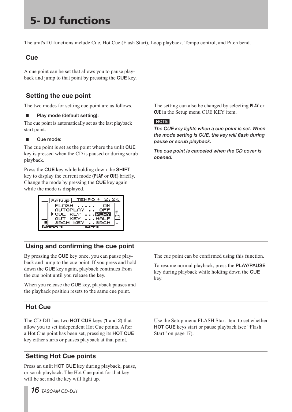 Dj functions, Setting the cue point, Play mode (default setting) | Cue mode, Using and confirming cue points, Hot cue, Setting hot cue points, Play mode cue mode, Using and confirming the cue, Point | Tascam CD-DJ1 User Manual | Page 16 / 28