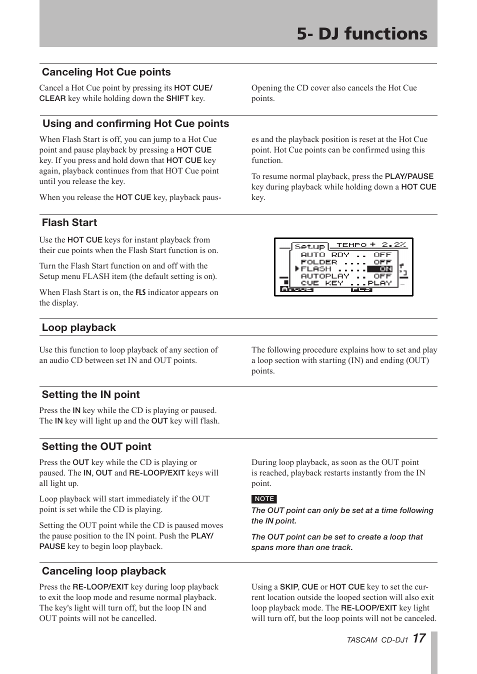 Canceling hot cue points, Using and confirming hot cue points, Flash start | Loop playback, Setting the in point, Setting the out point, Canceling loop playback, Dj functions, Points flash start | Tascam CD-DJ1 User Manual | Page 17 / 28
