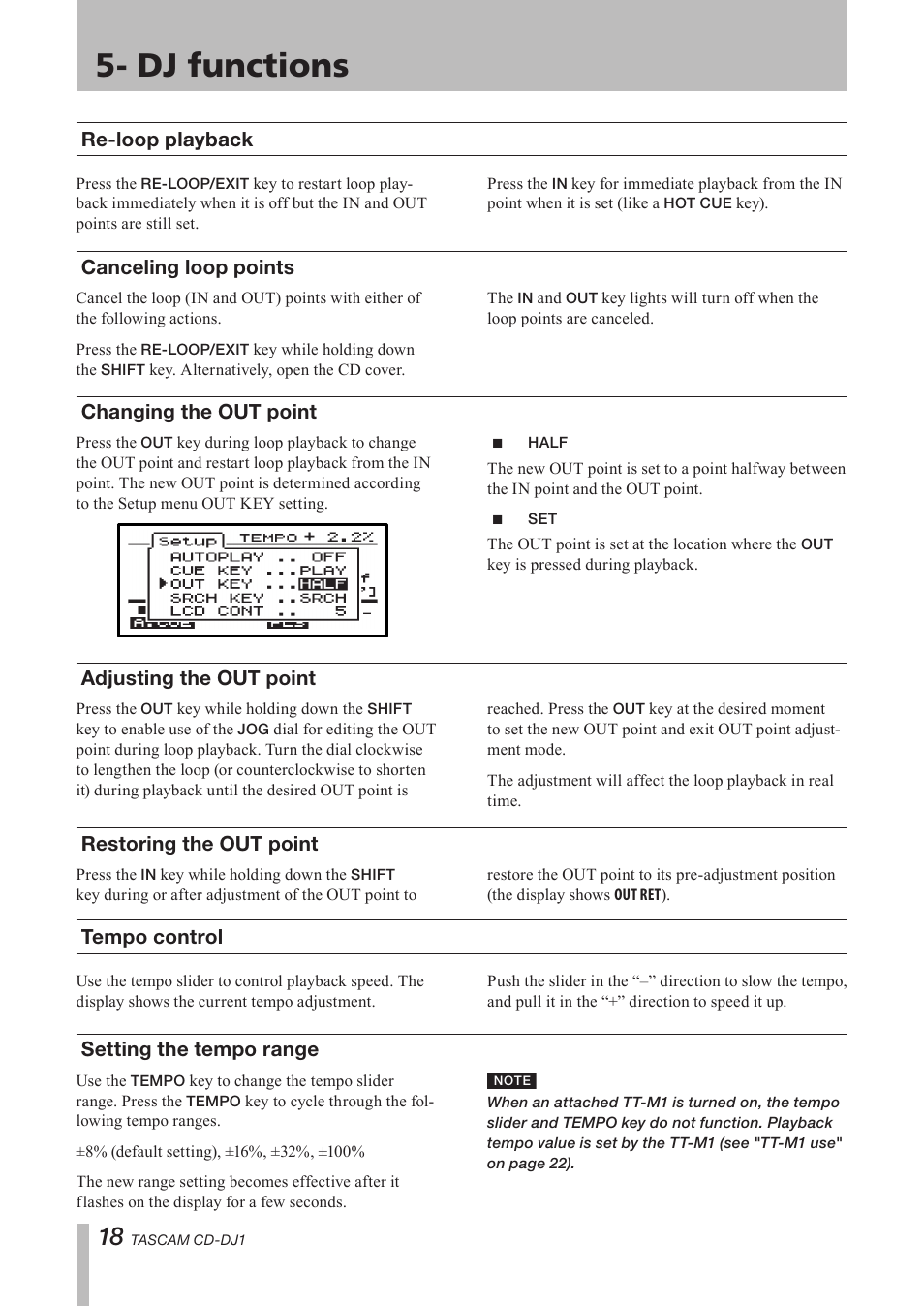 Re-loop playback, Canceling loop points, Changing the out point | Half, Adjusting the out point, Restoring the out point, Tempo control, Setting the tempo range, Canceling loop points changing the out point, Half set | Tascam CD-DJ1 User Manual | Page 18 / 28