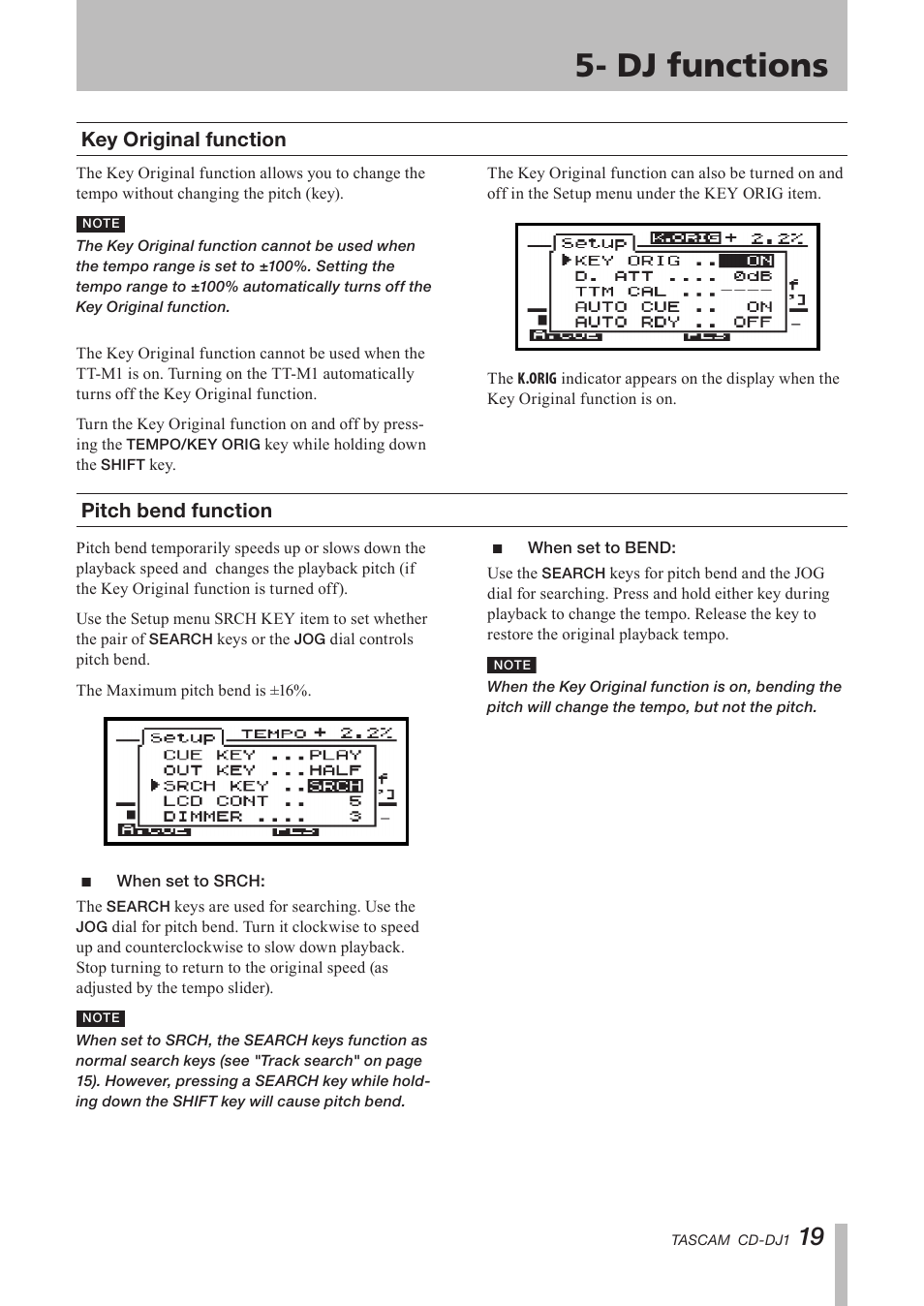 Key original function, Pitch bend function, When set to srch | When set to bend, When set to srch when set to bend, Dj functions | Tascam CD-DJ1 User Manual | Page 19 / 28