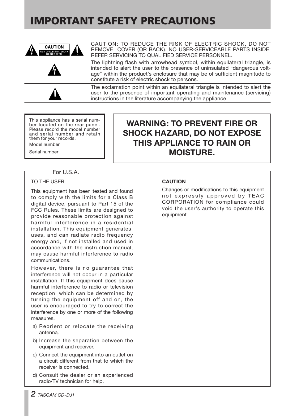 Important safety precautions | Tascam CD-DJ1 User Manual | Page 2 / 28