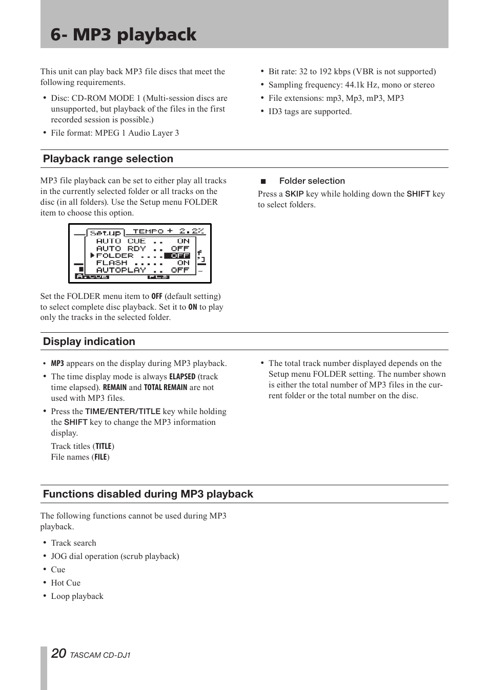 Mp3 playback, Playback range selection, Folder selection | Display indication, Functions disabled during mp3 playback, Display indication functions disabled during mp3, Playback | Tascam CD-DJ1 User Manual | Page 20 / 28