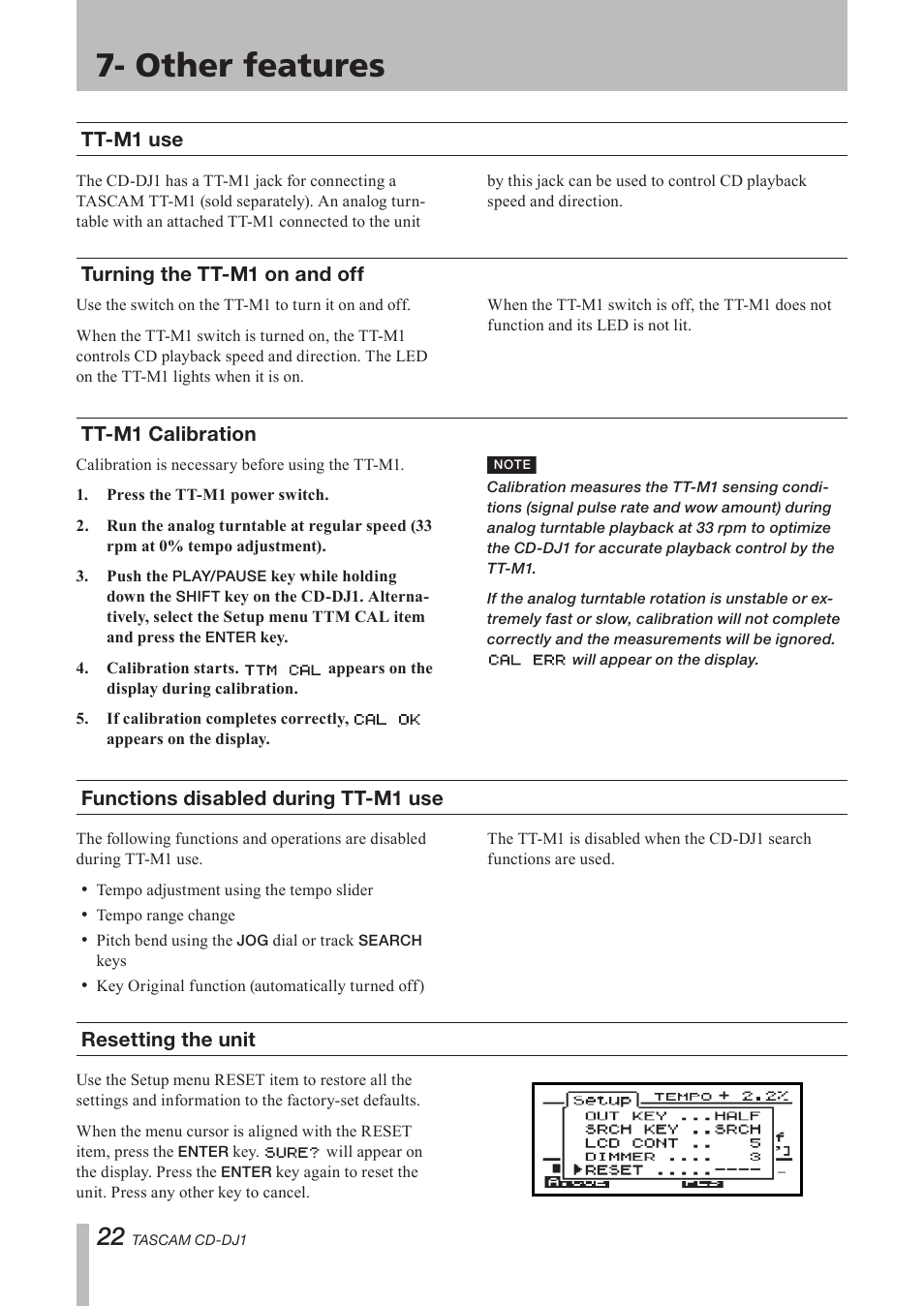 Other features, Tt-m1 use, Turning the tt-m1 on and off | Tt-m1 calibration, Functions disabled during tt-m1 use, Resetting the unit, Turning the tt-m1 on and off tt-m1 calibration, Functions disabled during tt-m1, Use resetting the unit | Tascam CD-DJ1 User Manual | Page 22 / 28