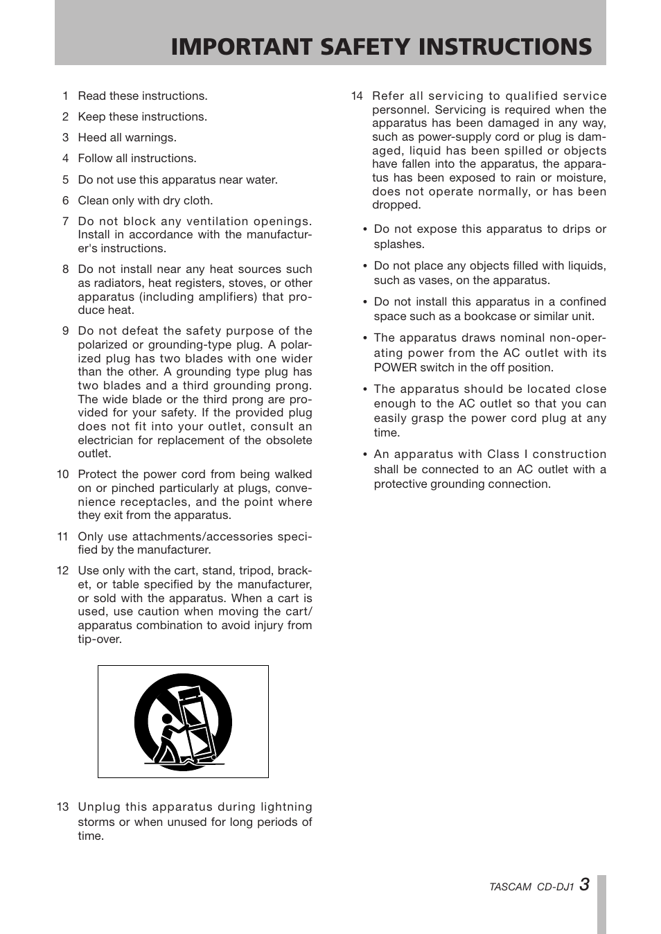 Important safety instructions | Tascam CD-DJ1 User Manual | Page 3 / 28