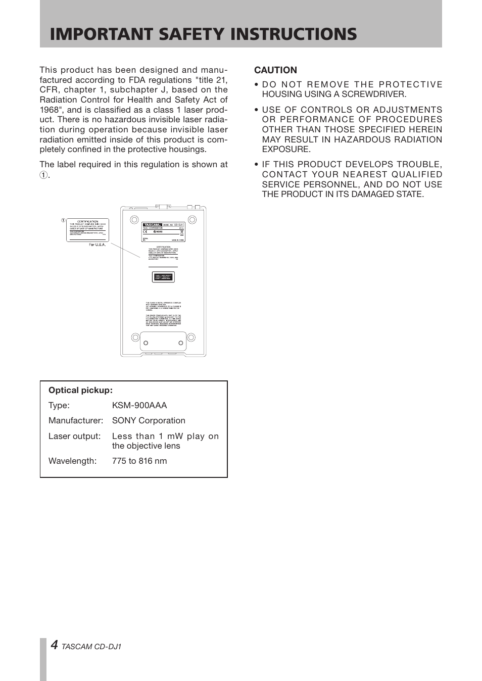 Important safety instructions | Tascam CD-DJ1 User Manual | Page 4 / 28