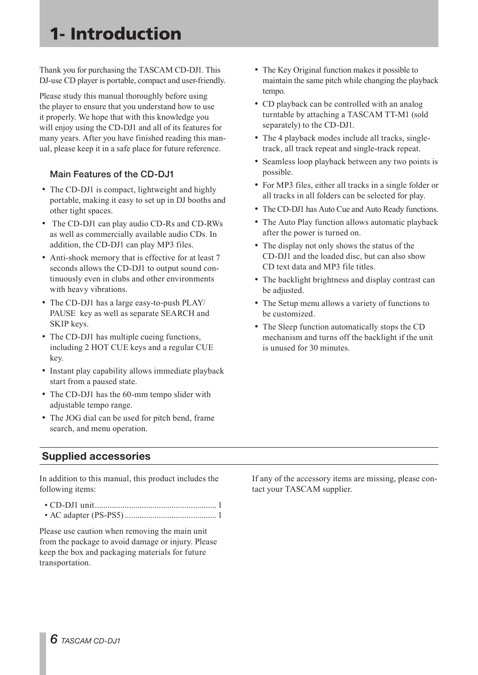 Introduction, Supplied accessories | Tascam CD-DJ1 User Manual | Page 6 / 28