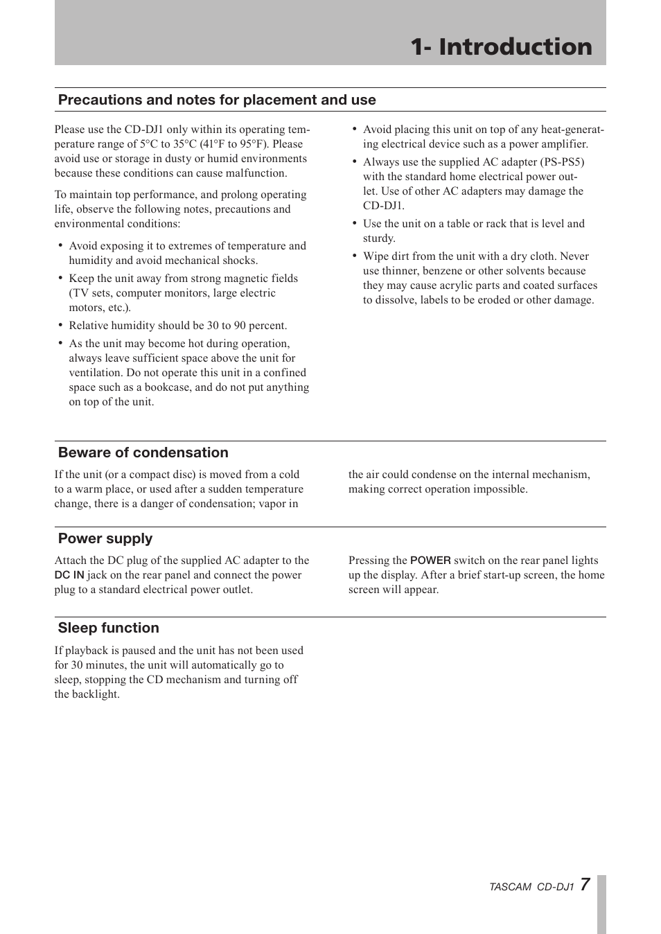 Precautions and notes for placement and use, Beware of condensation, Power supply | Sleep function, Precautions and notes for, Placement and use, Beware of condensation power supply sleep function, Introduction | Tascam CD-DJ1 User Manual | Page 7 / 28
