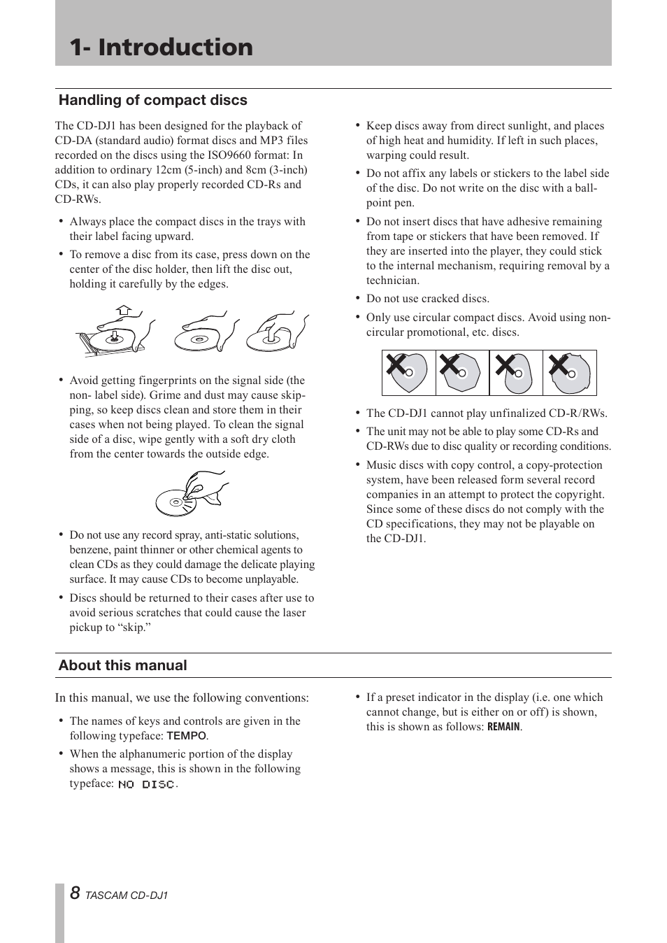 Handling of compact discs, About this manual, Introduction | Tascam CD-DJ1 User Manual | Page 8 / 28