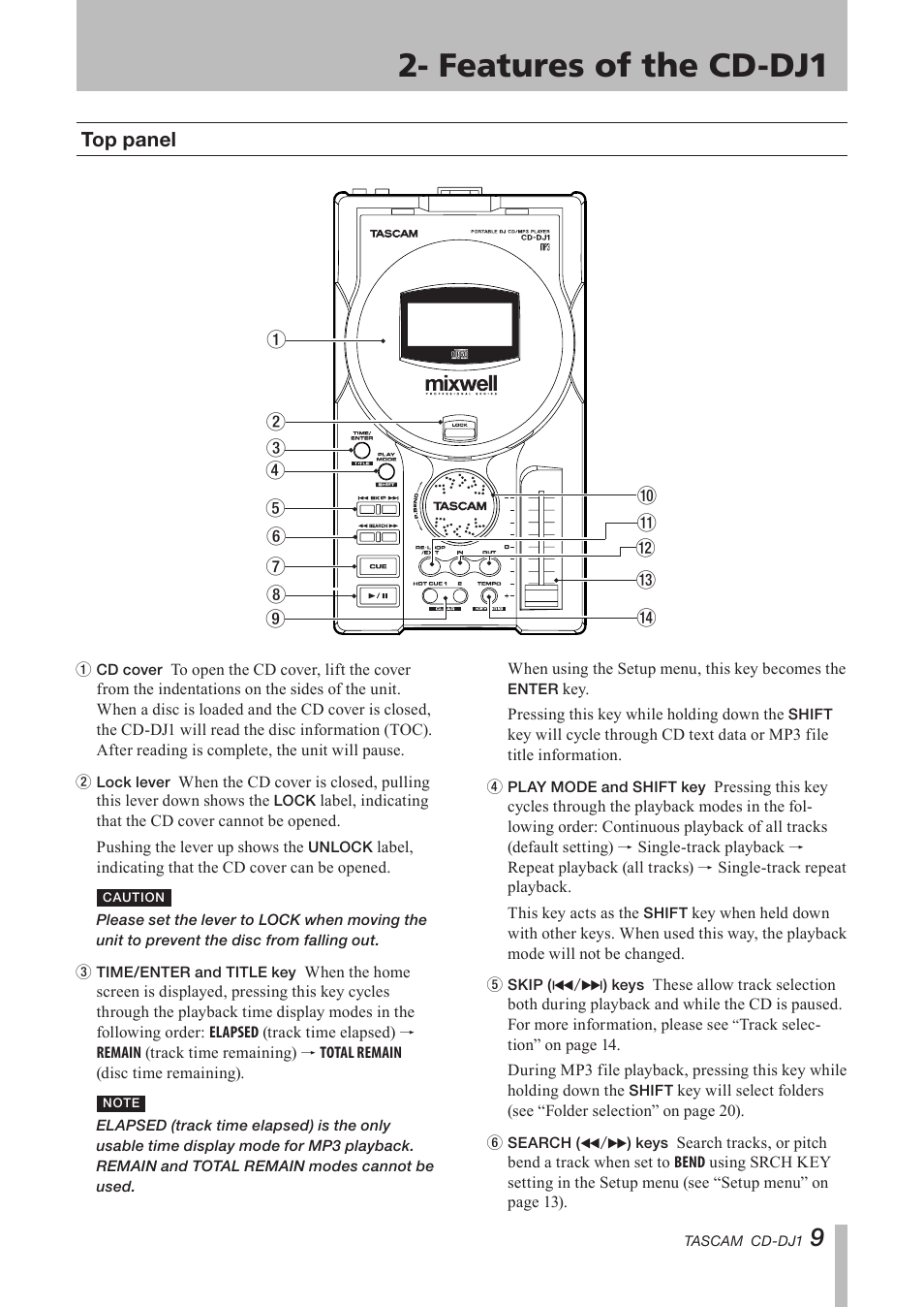 Features of the cd-dj1, Top panel, Important safety instructions | Tascam CD-DJ1 User Manual | Page 9 / 28