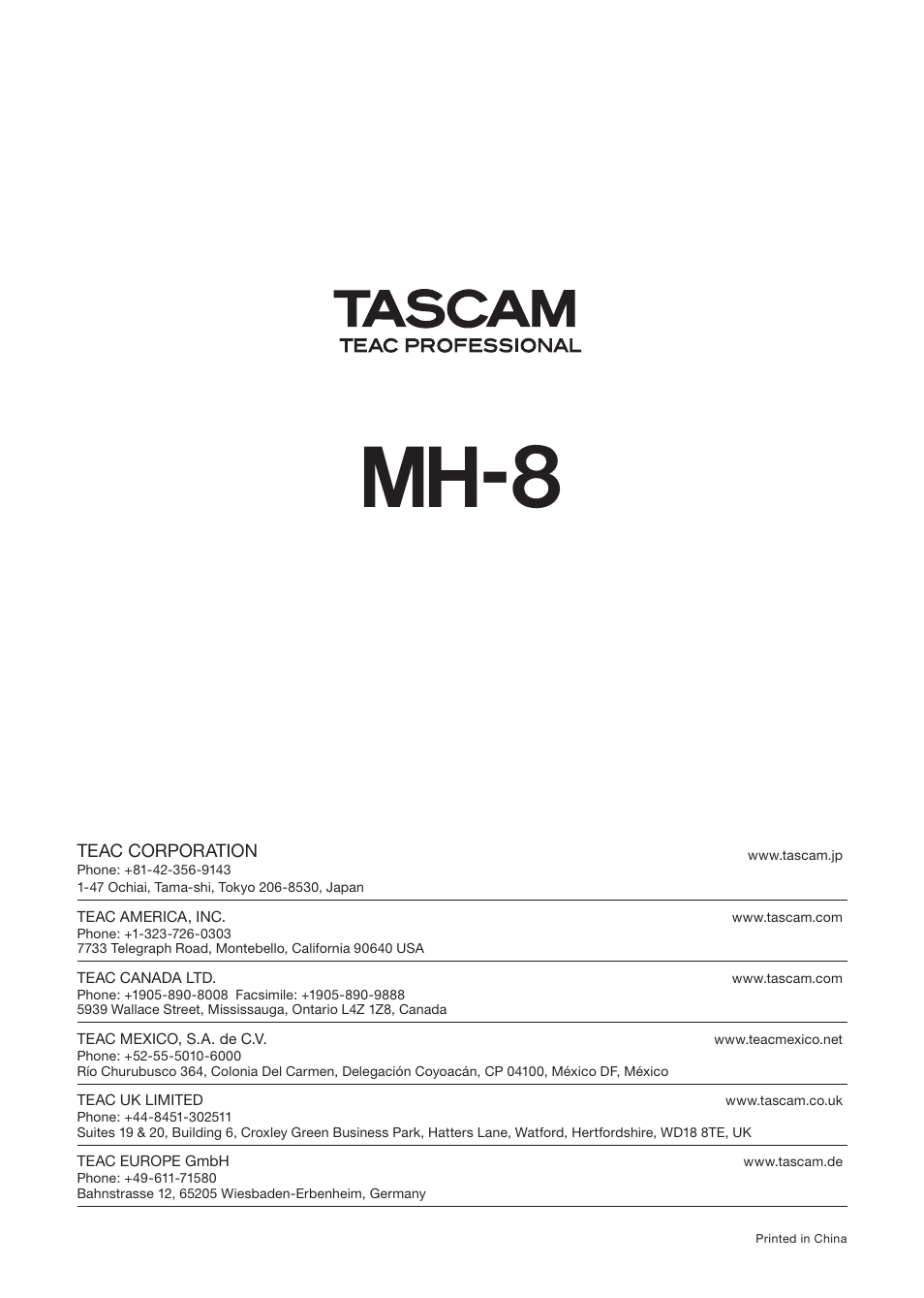 Mh-8 | Tascam MH-8 User Manual | Page 12 / 12