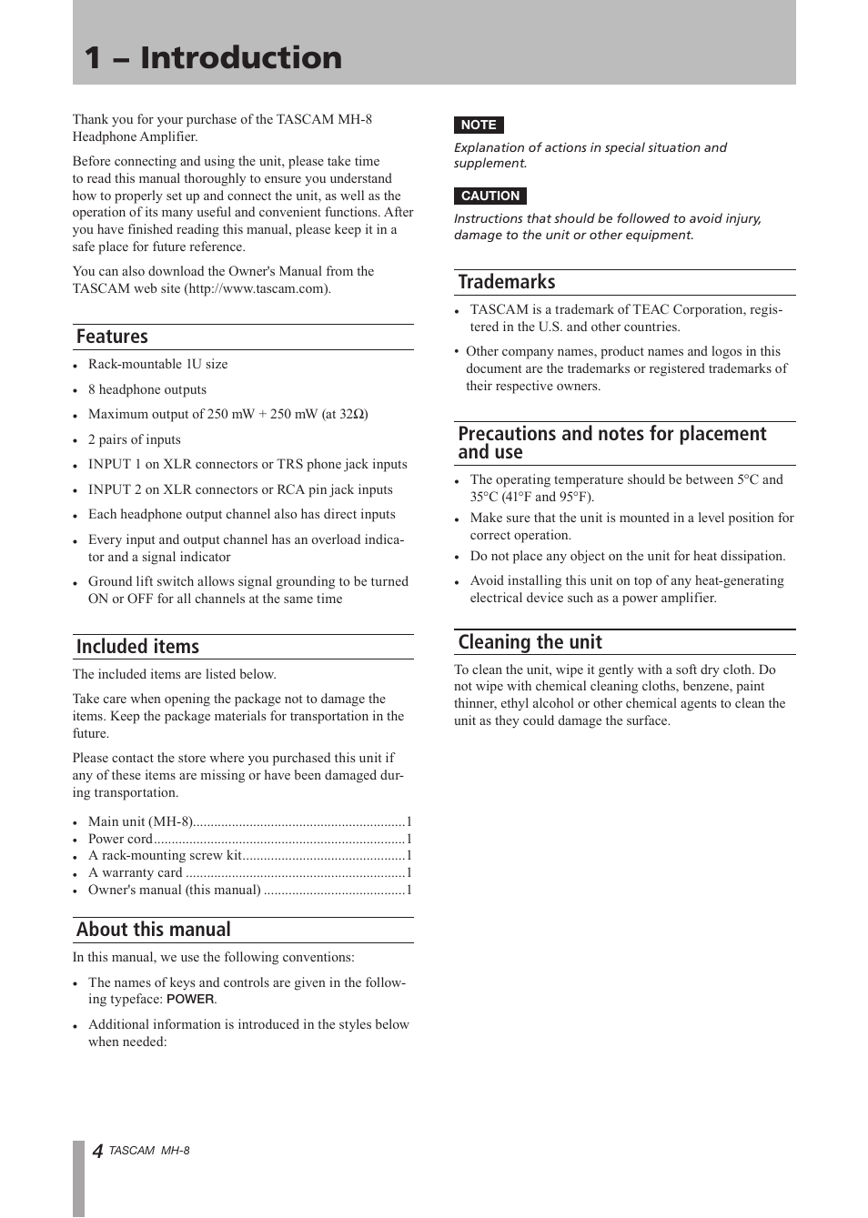 1 − introduction, Features, Included items | About this manual, Trademarks, Precautions and notes for placement and use, Cleaning the unit, And use cleaning the unit | Tascam MH-8 User Manual | Page 4 / 12