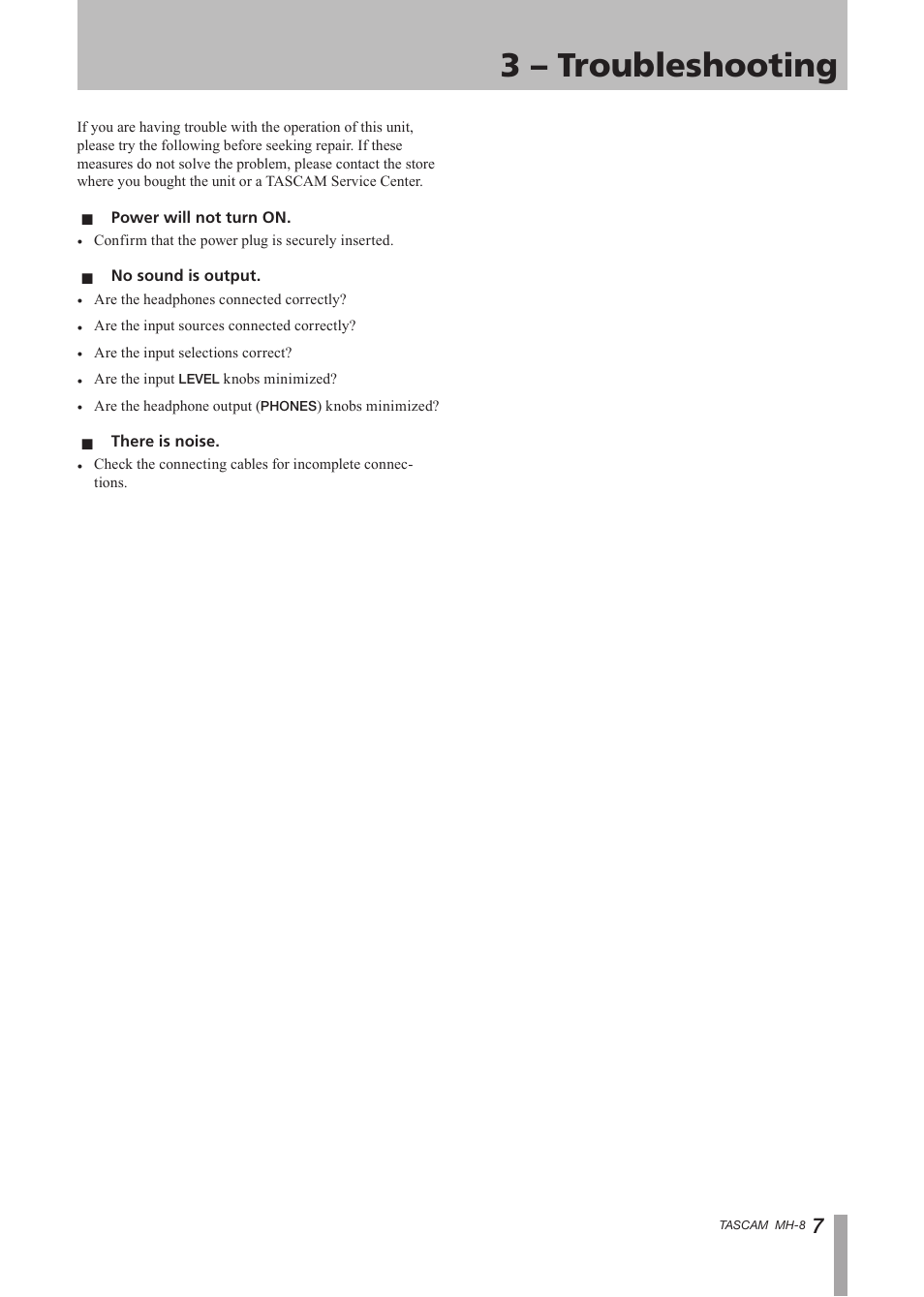 3 – troubleshooting | Tascam MH-8 User Manual | Page 7 / 12