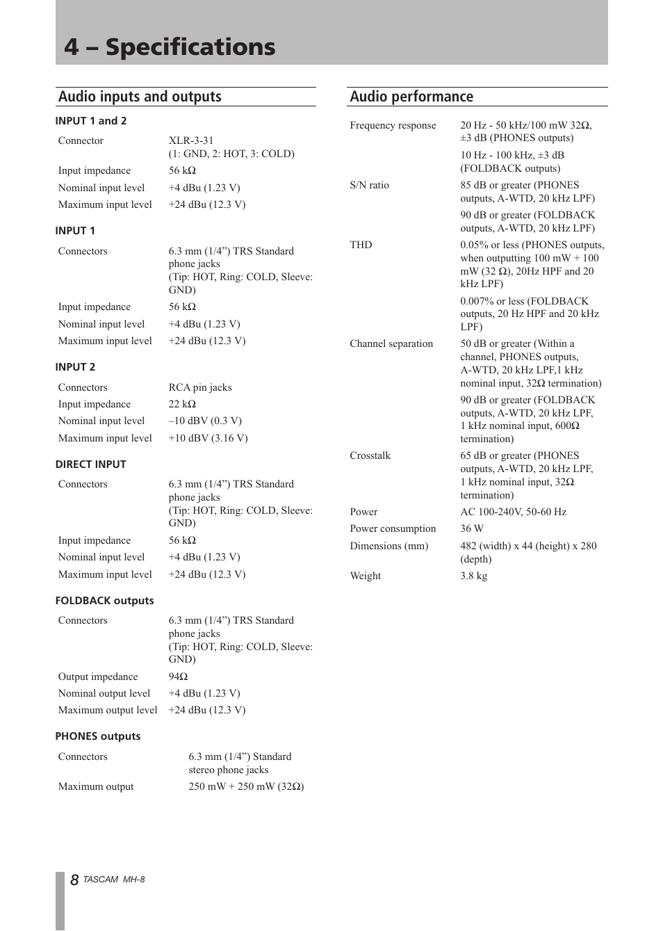 4 – specifications, Audio inputs and outputs, Audio performance | Audio inputs and outputs audio performance | Tascam MH-8 User Manual | Page 8 / 12