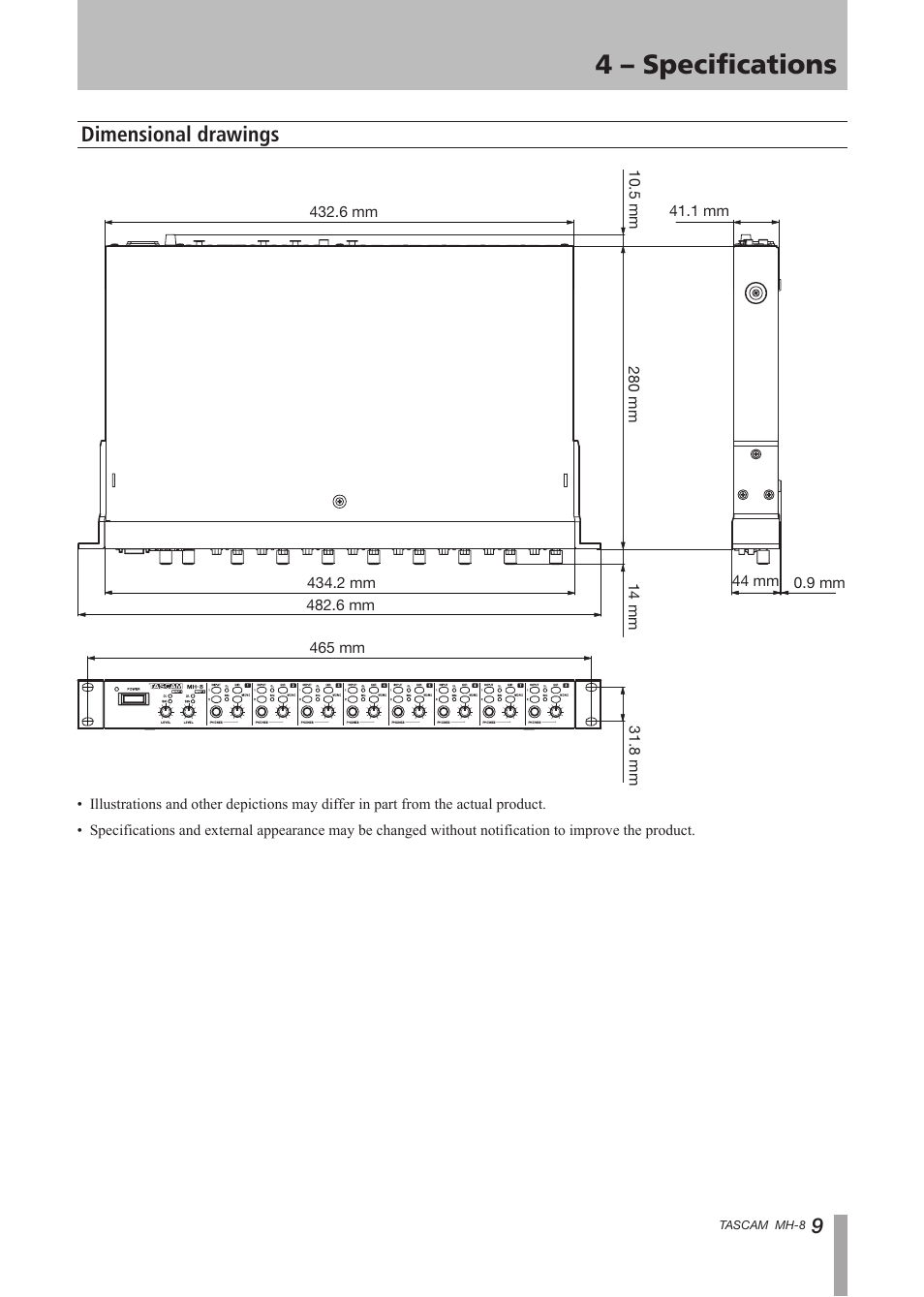 Dimensional drawings, 4 – specifications | Tascam MH-8 User Manual | Page 9 / 12