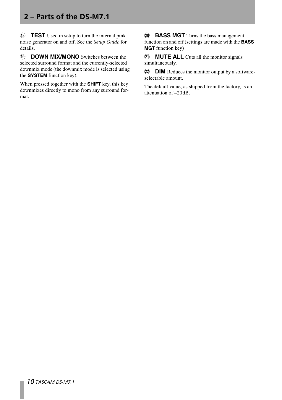 2 – parts of the ds-m7.1 | Tascam DS-M7.1 User Manual | Page 10 / 40