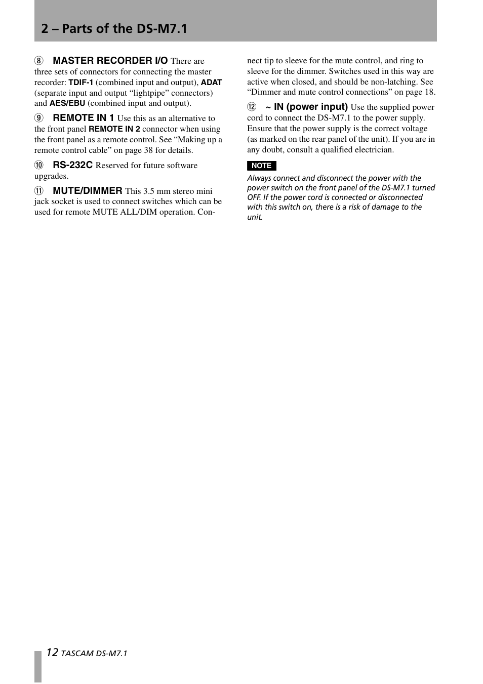2 – parts of the ds-m7.1 | Tascam DS-M7.1 User Manual | Page 12 / 40