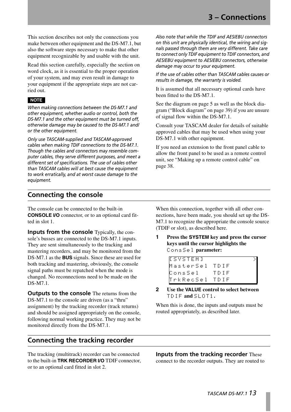 3 – connections, Connecting the console, Connecting the tracking recorder | Tascam DS-M7.1 User Manual | Page 13 / 40