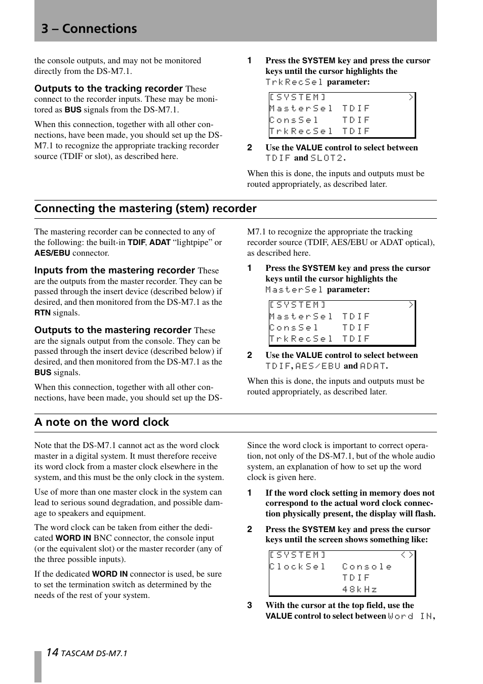 Connecting the mastering (stem) recorder, A note on the word clock, 3 – connections | Tascam DS-M7.1 User Manual | Page 14 / 40