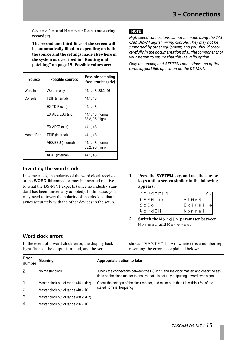 Inverting the word clock, Word clock errors, Inverting the word clock word clock errors | 3 – connections | Tascam DS-M7.1 User Manual | Page 15 / 40