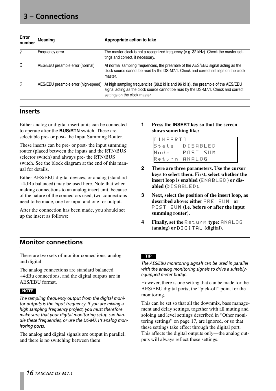 Inserts, Monitor connections, Inserts monitor connections | 3 – connections | Tascam DS-M7.1 User Manual | Page 16 / 40