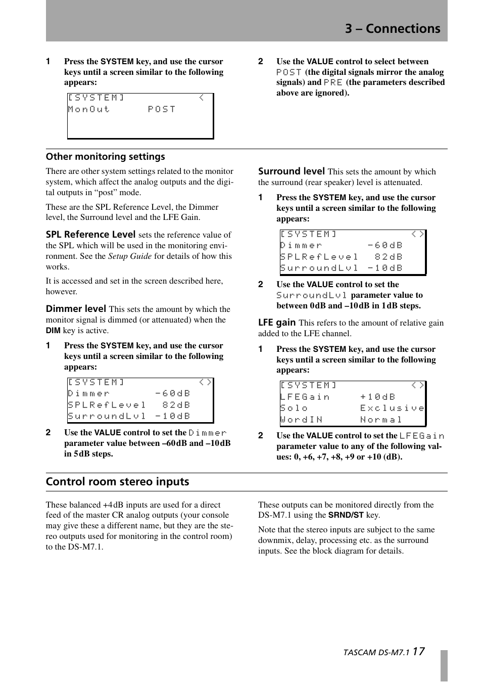 Other monitoring settings, Control room stereo inputs, 3 – connections | Tascam DS-M7.1 User Manual | Page 17 / 40