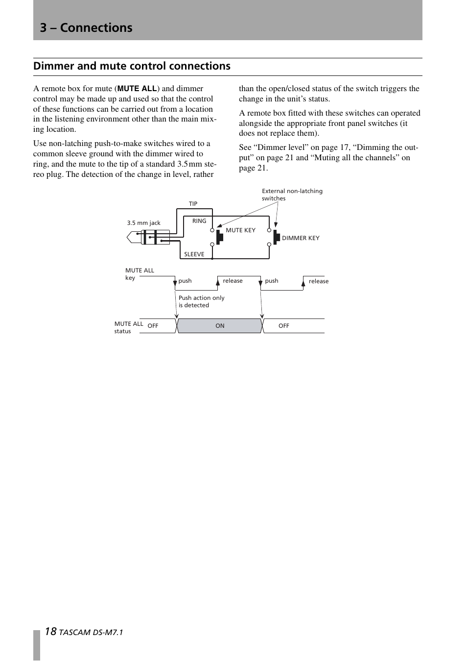 Dimmer and mute control connections, 3 – connections | Tascam DS-M7.1 User Manual | Page 18 / 40